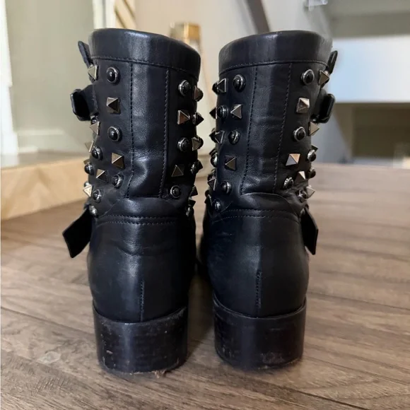 Valentino Garavani Black Leather Studded Moto Boots - Picture 3 of 5